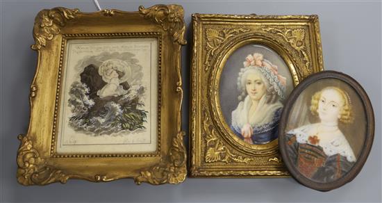 Two 19th century German or Austrian oval portrait miniatures on ivory of ladies and a Viennese friendship watercolour (3)